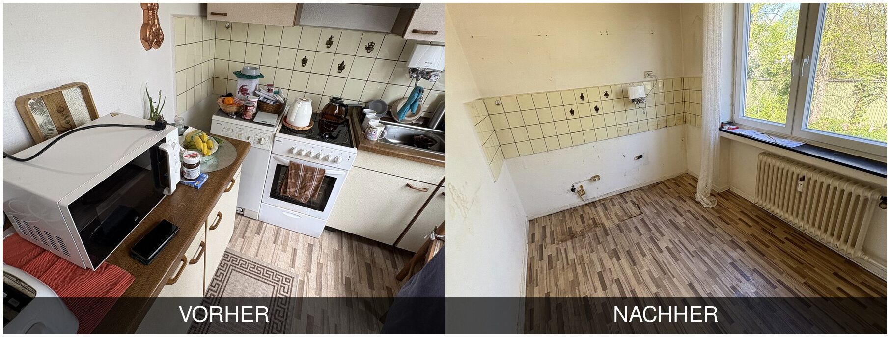 Küche vorher und nachher: vollgestellte Küche und dieselbe Küche nach der Wohnungsauflösung in Bremen-Walle